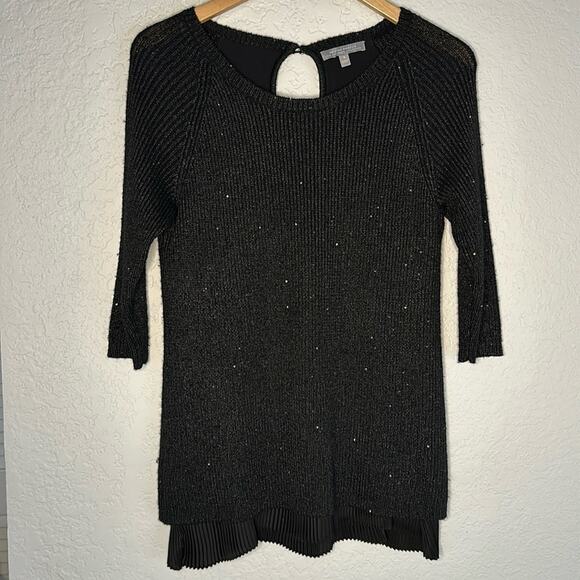 Neiman Marcus 100% Cashmere Black Sparkle Sweater Silk Liner Peekaboo 3/4 Sleeve - Picture 1 of 10